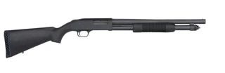 Pump action 12 gauge shotgun with synthetic black furniture and bead front sight.